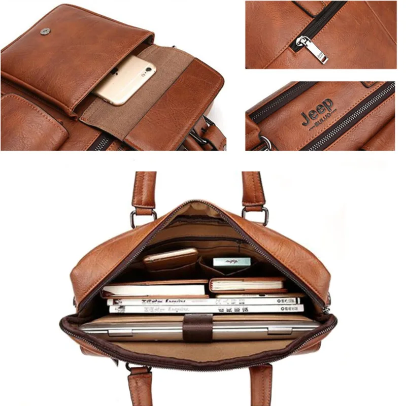 Fashion Men Briefcases Leather Handbag Men's Business Messenger Bag Two Pocket Soft Handle Laptop Bags Bolso Bandolera Hombre