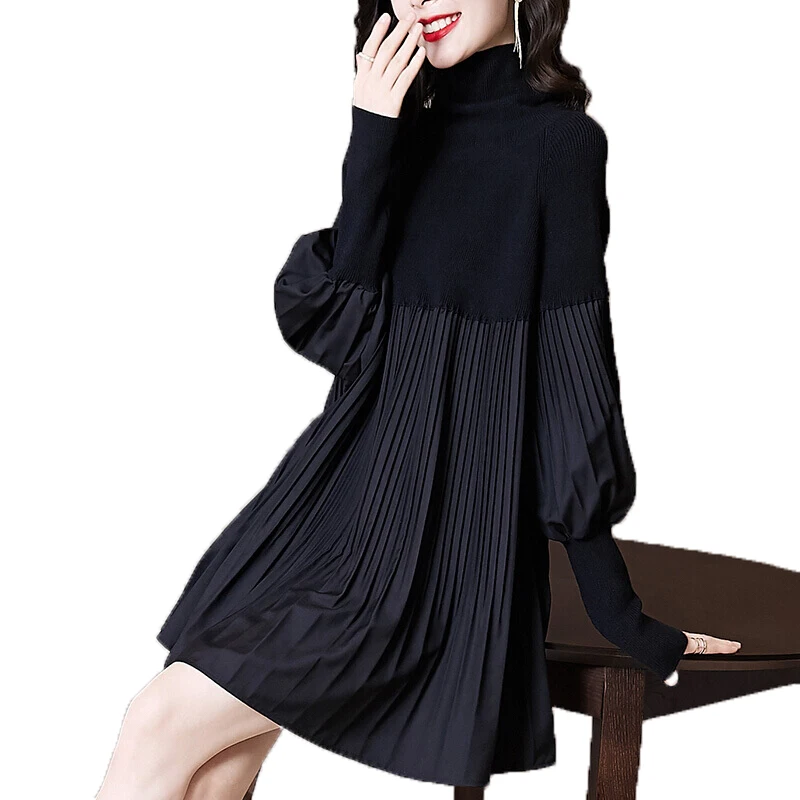 

Fashion Ladies Dress High Quality Black High Neck knitted Dress Autumn Winter Plus Size Lantern Sleeve Casual Women's Dress W61