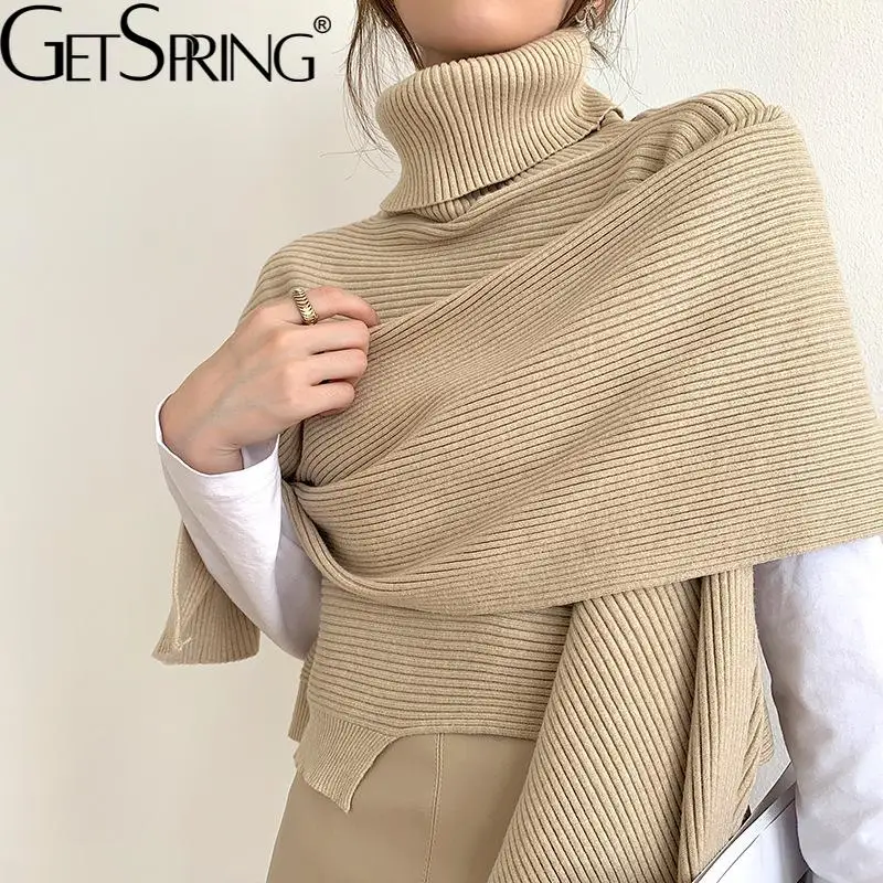 

Getspring Women Sweater Batwing Sleeve Asymmetry Turtleneck Pullover Sweaters Irregular Vintage Short Knitting Tops 2021 New