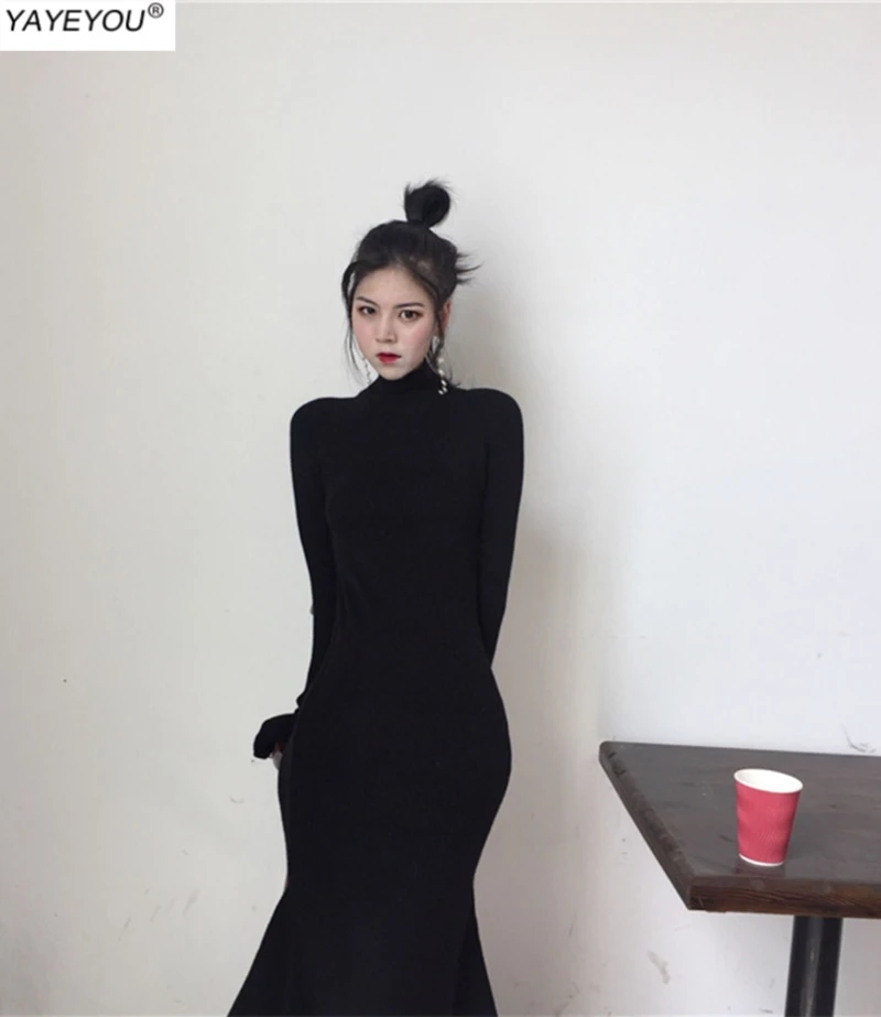 

YAYEYOU spring and summer temperament feminine taste slim slender sweater long bag buttocks fishtail black simple and easy