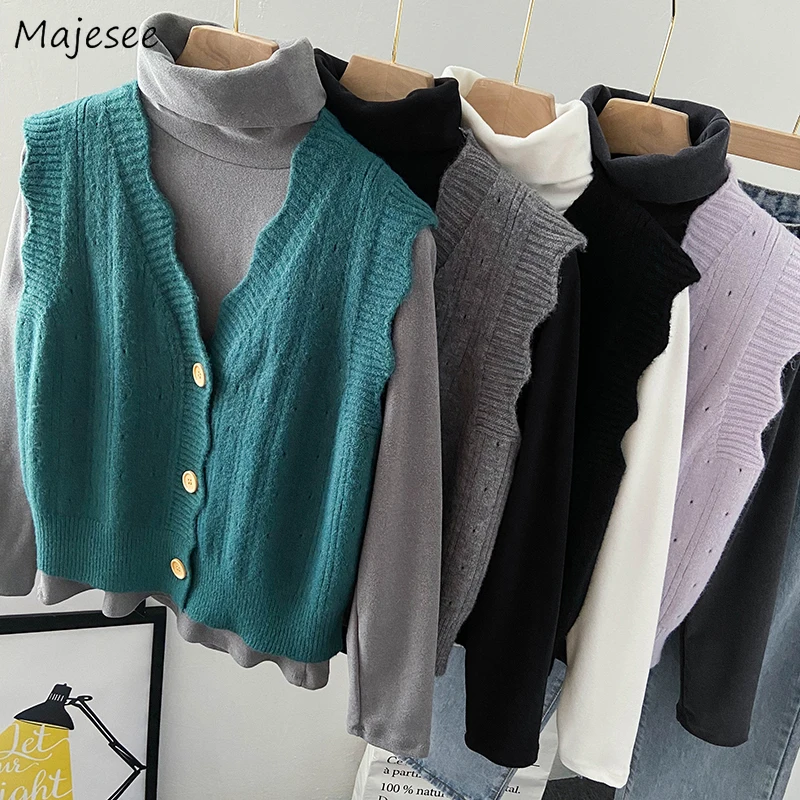 

Sweater Vest Women Single Breasted Solid Knitted Jumpers V-neck Ruffles Outwear Sleeveless Fashion Spring All-match Harajuku New