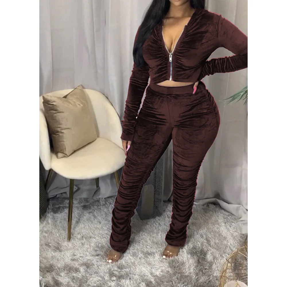 

Folded Velvet Tight-fitting Hoodie Tracksuits Autumn New Street Women's Stacking Zipper Hooded Two-piece