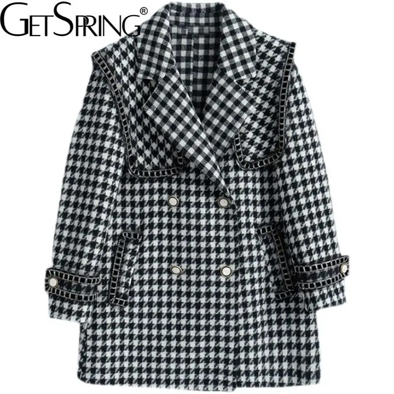 

Getspring Женское шерстяное пальто, двубортное винтажное клетчатое пальто и куртки, зимнее свободное повседневное длинное пальто для женщин