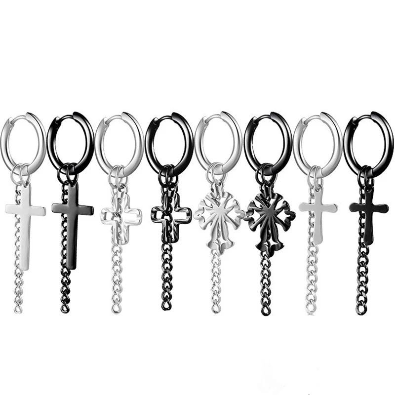 

1Pcs Punk Stainless Cross tassel chain Ear Stud Circle Round Earrings For Women Men Earring Hip Hop Male Jewelry