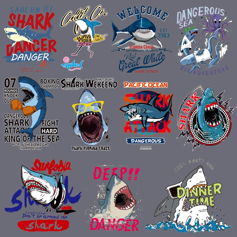 Модные анимационные патчи серии акул для одежды наклейки с помощью утюга
