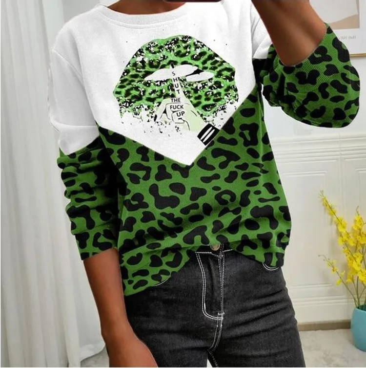 

Autumn and winter new trend printing leopard print + lips plus size round neck sweater all-match ladies sweater