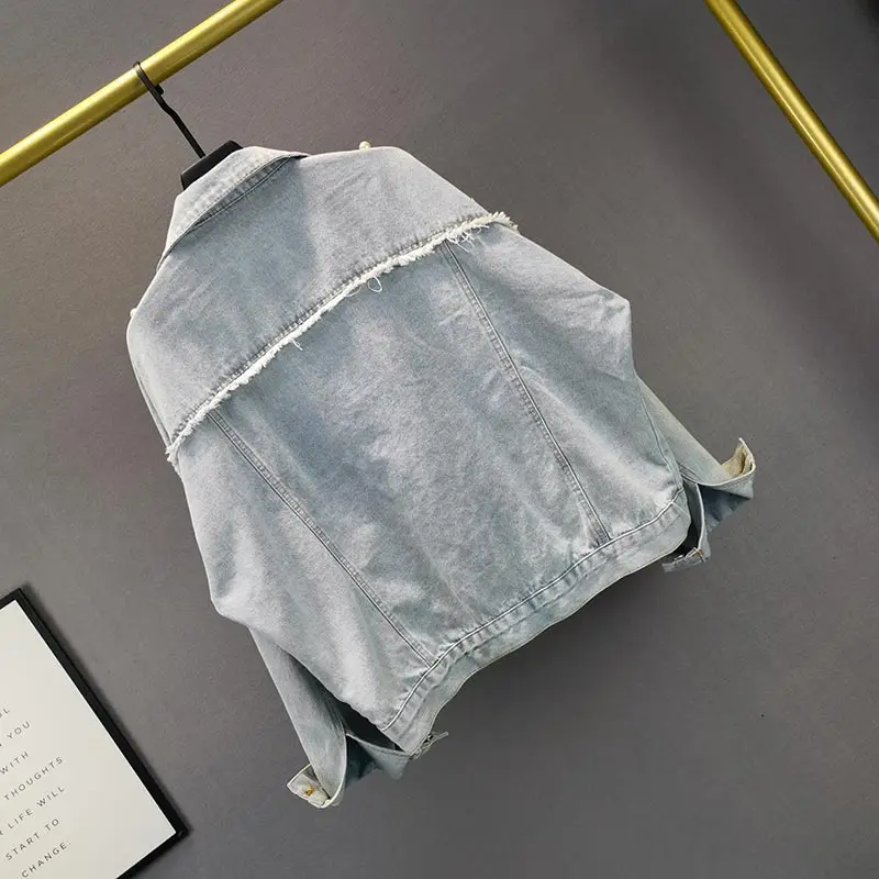 

2021 INS Floral Embroidery Denim Jacket Women Chaqueta Vaquera Mujer Diamonds Beading False Pockets Pearls Veste en Jean Femme