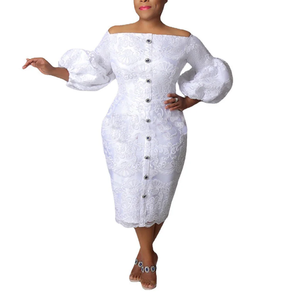 

Plus Size White Long Dress Womens Lantern Sleeve Off the Shoulder High Waisted Mid Calf Elegant Evening Night Party Vestidos New