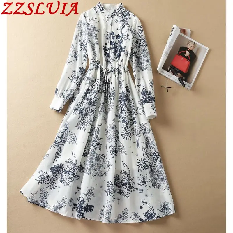 

Shirt Dresses For Women Stand Collar Draw String Design Slim Long Dress Fashion Elegant One Piece Ladies Female Clothing