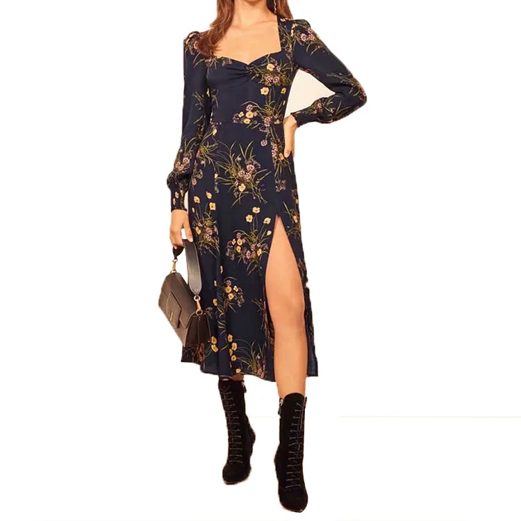 

2021 new zaraing autumn deep V chiffon print ladies halter waist floral long-sleeved female fashion sexy twisted slit dress