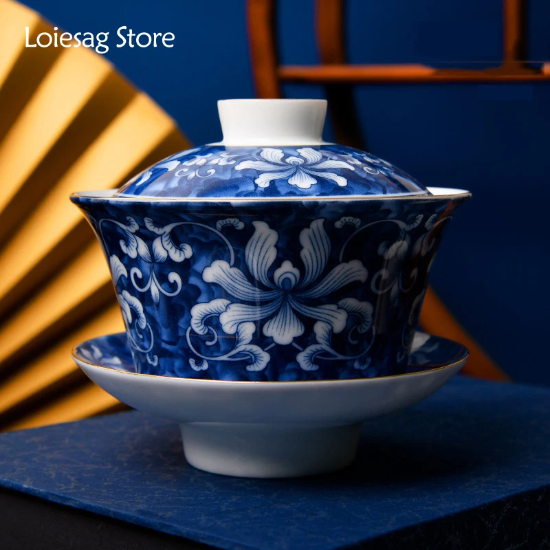 

Loiesag 220ml Dehua Artist Home Cover Bowl Teacup Sancai Gaiwan Ceramic Kung Fu Blue And White Tea Set Tea Bowl Hand Grasp Bowl