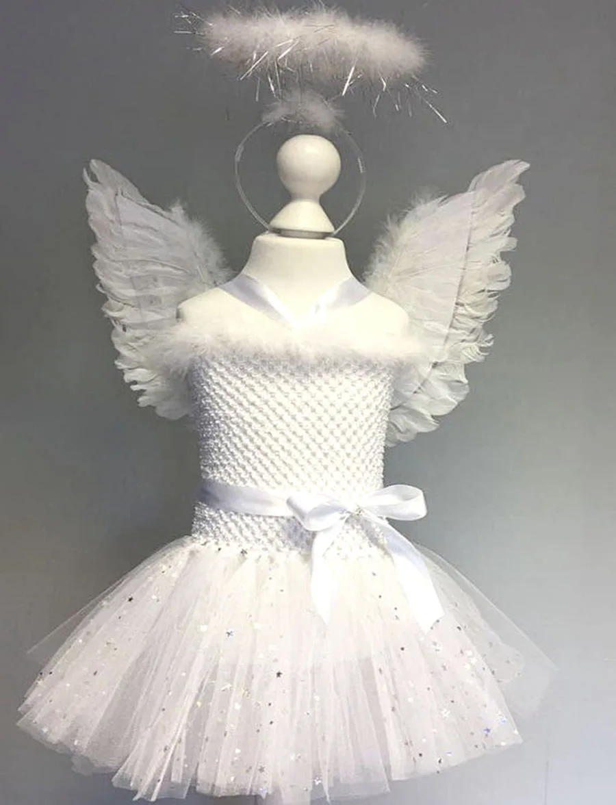 Блестящее платье пачка ангела белое с перьями и крыльями нарядное детское костюм