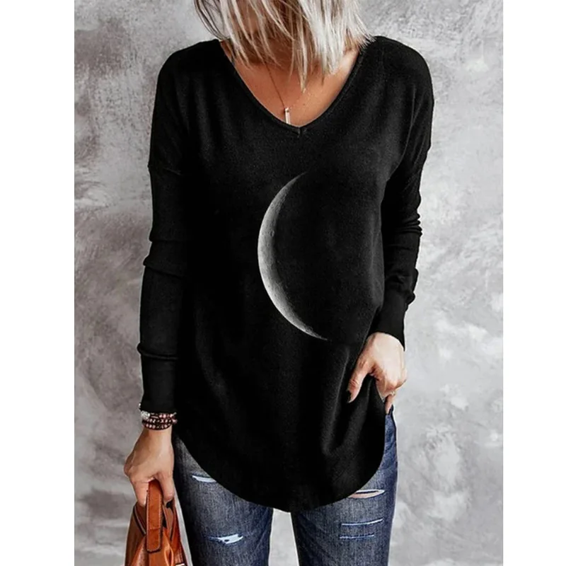 

Women Moon Printed Casual Round Neck Long Sleeves Spring Autumn Cotton Tunic Loose T-Shirt Pullover Plus Size Tunic Tops X55