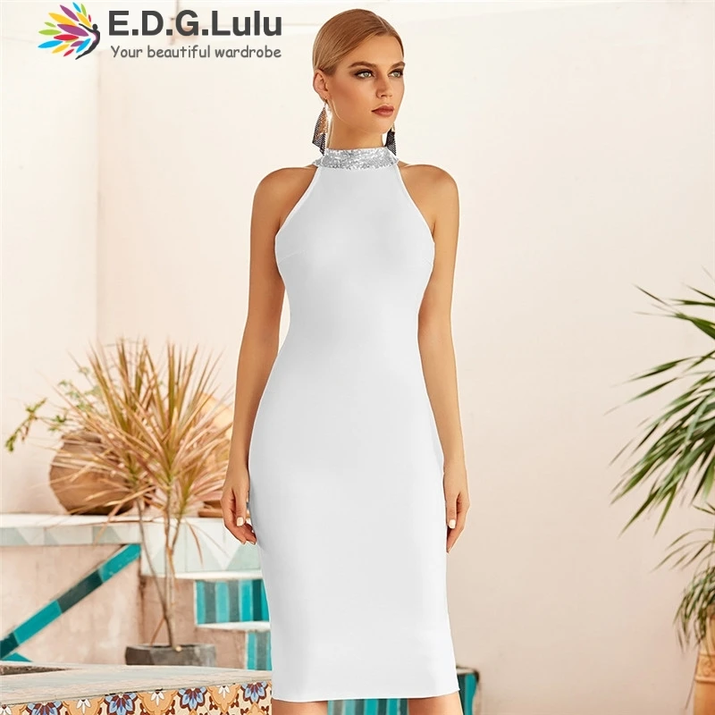 

EDGLuLu Women Sexy Halter Sequin Bandage Dress Elegant Backless Off Shoulder White Midi Bodycon Party Dresses Vestidos 1124