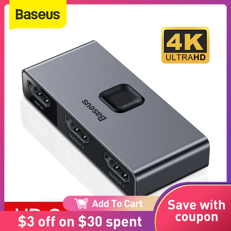 Baseus HDMI совместимый переключатель 4K 60 Гц двунаправленный 1x2/2x1 HDR аудио адаптер для