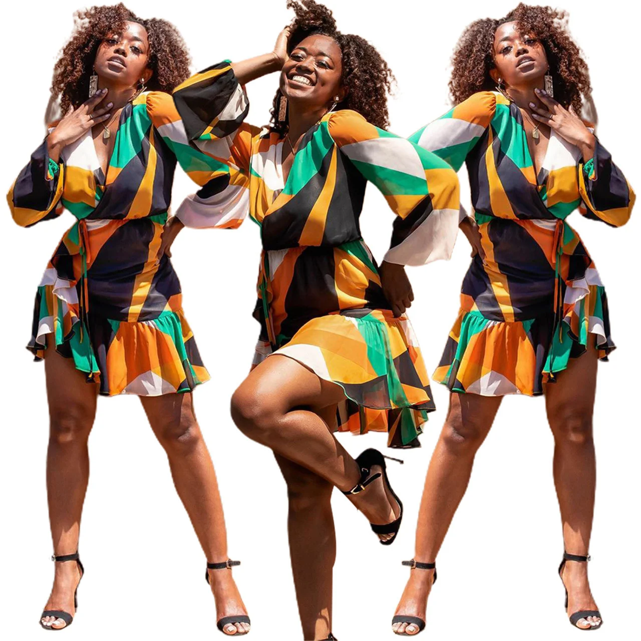 

Платье Zoctuo женское с V-образным вырезом, вечернее клубное мини-платье с геометрическим принтом и оборками, осенняя одежда с длинным рукавом