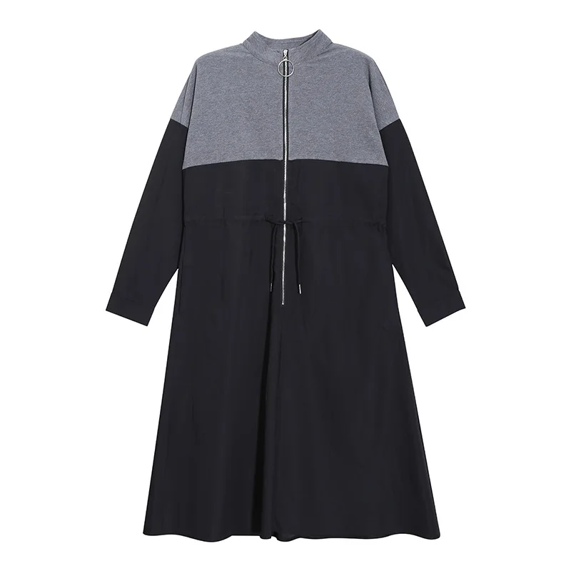 

SuperAen 2021 Autumn Retro New Stand Zippers Full A-LINE Mid-Calf Patchwork Casual Loose Mid-Calf Dress for Women