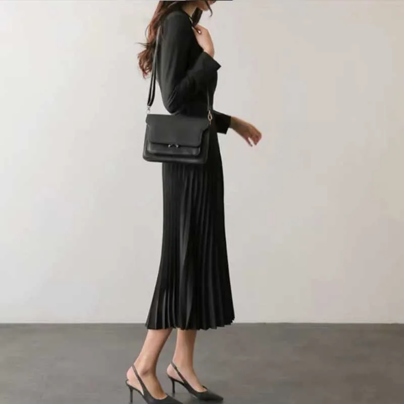 

One-Piece Ladies Pleated Dress Korean Elegant Long Sleeve Dresses 2020 Spring Autumn Fashion Women'S Lace Lapel Dress Long Dress