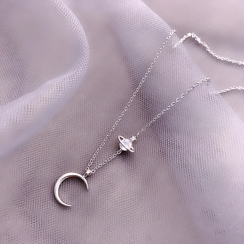 Moon star Двухслойное ожерелье с кисточками для женщин, стерлингового серебра 925 пробы, модное ювелирное изделие, цепочка для ключицы, подарок для женщин