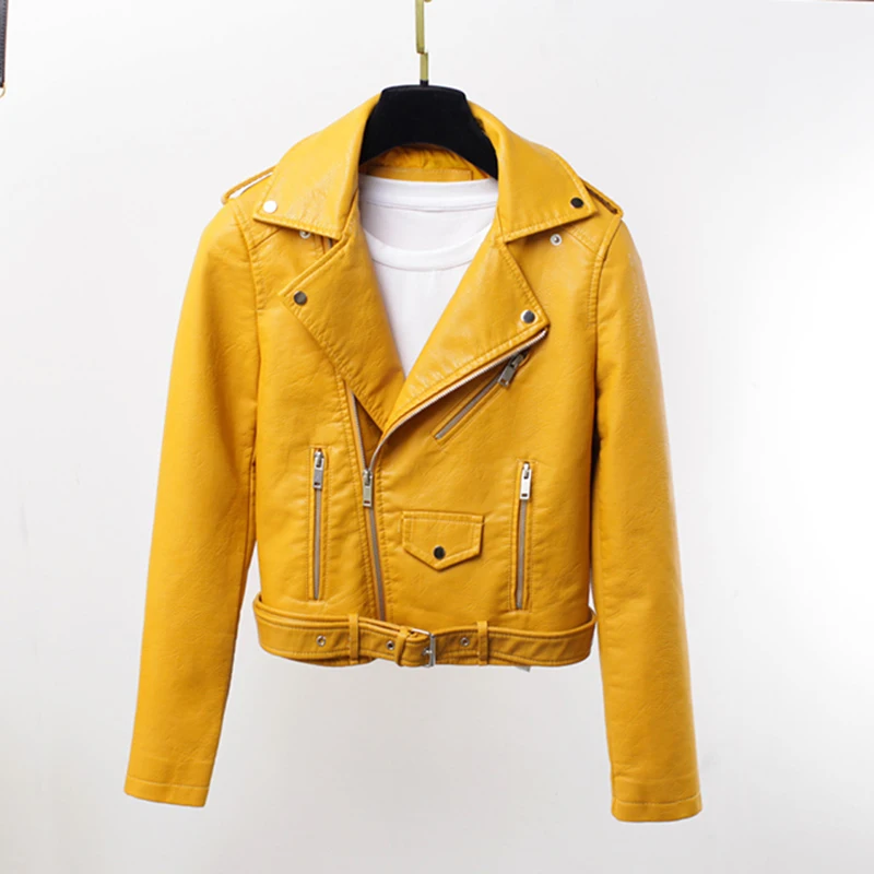 Brand Womens Leather Jacket New Pattern Bright Candy Colors Slim Turn-down Collar Motorcycle Short Autumn Coat With Belt | Женская