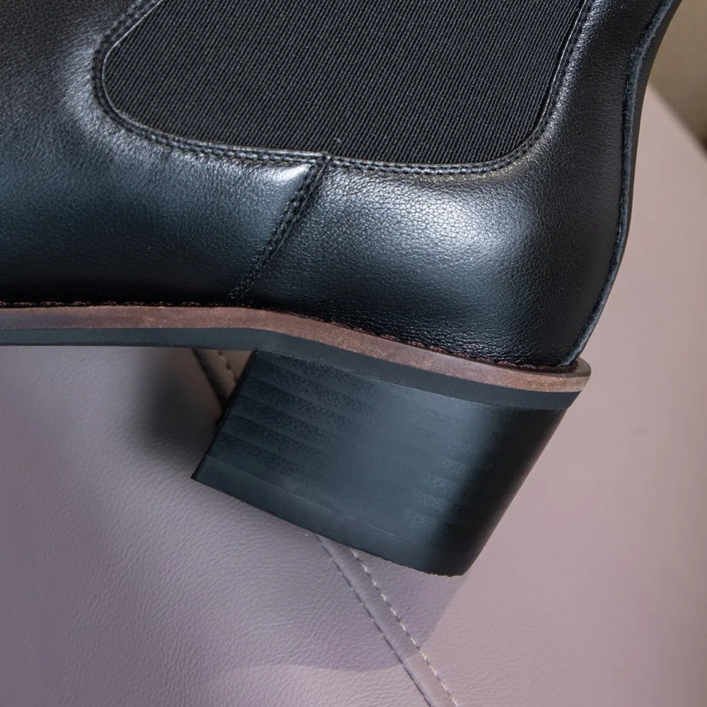 

Women's genuine leather thick med heel round toe autumn ankle boots elastic fabric patchwork slip-on chelsea boots casual shoes