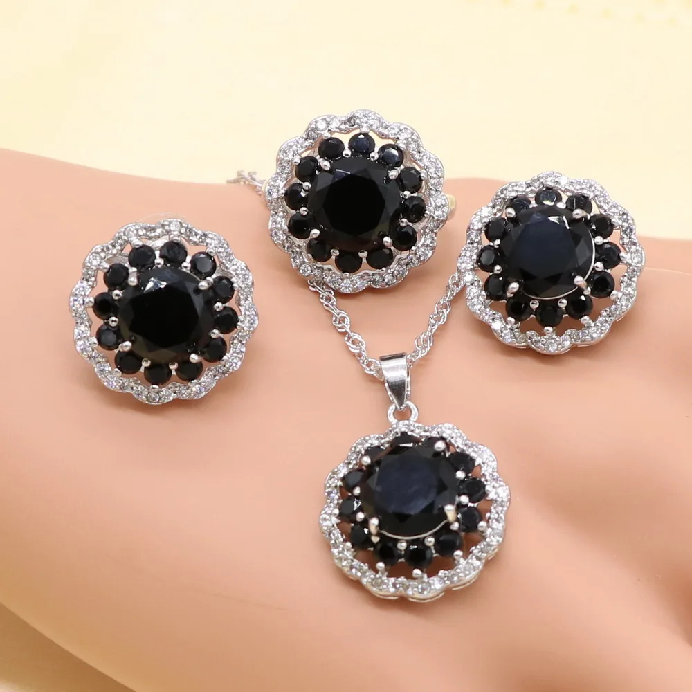 XUTAAYI New Round Black Stones Silver Jewelry Sets For Women Stud Earrings Bracelet Rings Necklace Pendant Free Gift Box | Украшения и