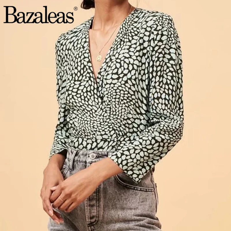 Bazaleas Франция Винтаж V образным вырезом Elisa блузка для женщин blusa feminina Ретро обёрточная бумага над Топ blusas дропшиппинг
