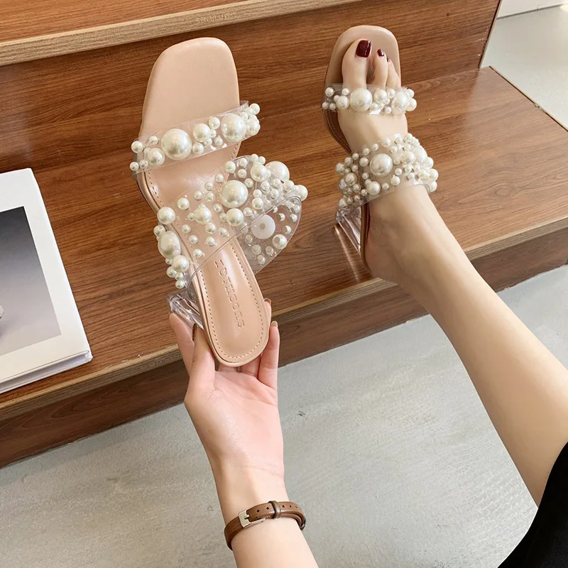 

Shoes Woman 2021 String Bead Square heel Female Slippers Heeled Mules Luxury Slides Block New High Designer Pumps Rubber PU