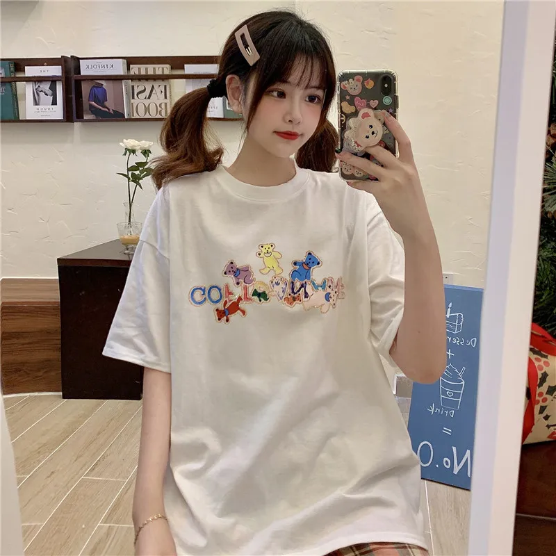 

YTX1638 Design sense niche summer 2021 new round neck bear print T-shirt women