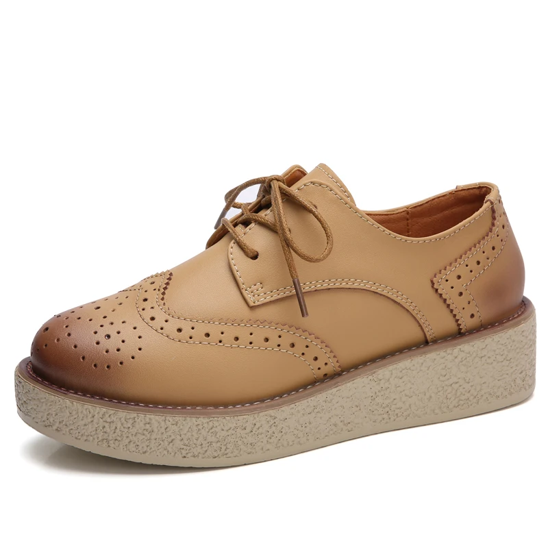 Кожаная женская обувь на плоской платформе с перфорацией типа броги в винтажном