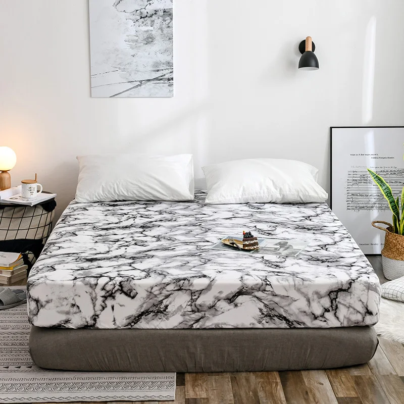 

Marble Pattern Bed Sheet Fitted Sheets Portable Dust-proof Mattress Cover Queen Bedding Linen With Elastic Band With Pillowcases