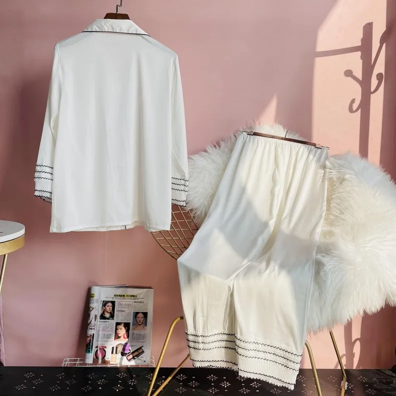 Женский Пижамный костюм из искусственного шелка белая рубашка с кружевной