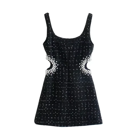 BBWM 2021 New Women Vintage Tweed Black Plaid Hollow Out Dress Female Casual Pearl Decoration Slim Square Collar Mini Dresses