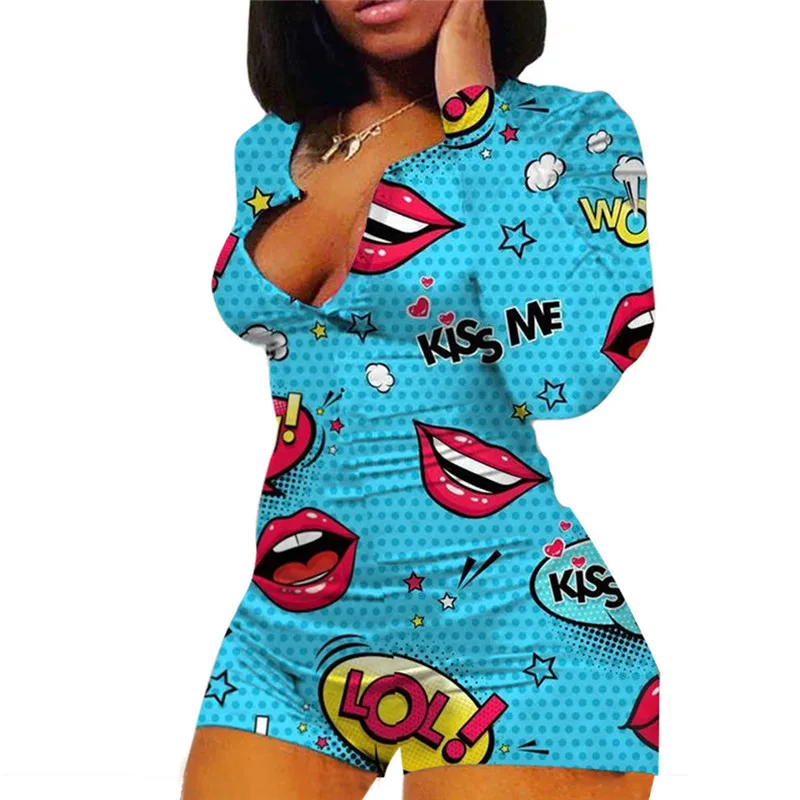 

Women’s Casual Long-sleeved Jumpsuit Fashion Lip Printing Slimming High Waist Short Jumpsuit