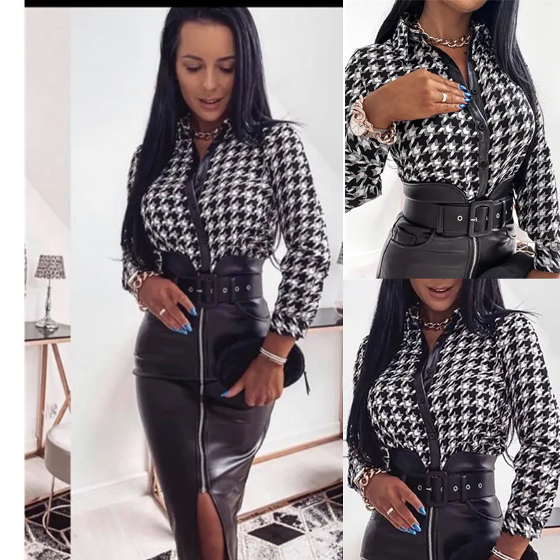 

2021 Fashion Print PU Leather Blouse Spring Long Sleeve Buttons Tops Office Ladies O Neck Slim Shirt Turn Down Collar