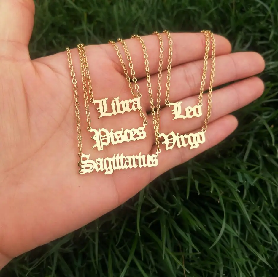 

10pcs Old English Aries Taurus Gemini Cancer Leo Virgo Libra Scorpio Sagittarius Capricorn Aquarius Pisces Zodiac Sign Necklaces