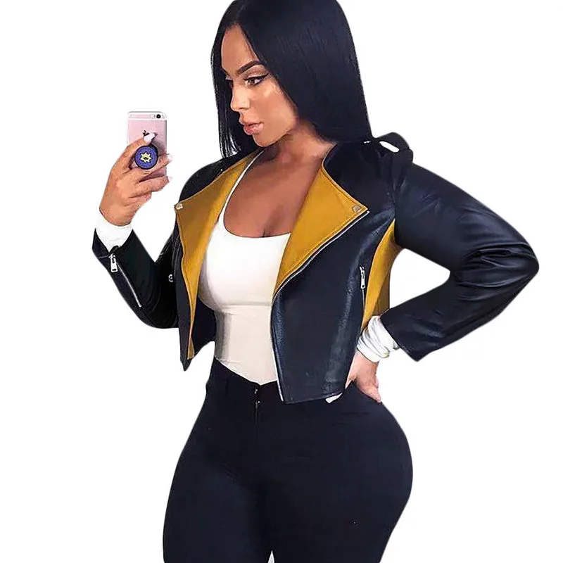 

Women Soft Motorcycle Short Faux Leather Jacket Women Ladies Autumn Biker Streetwear Black Spliced Zippers Coat Y308