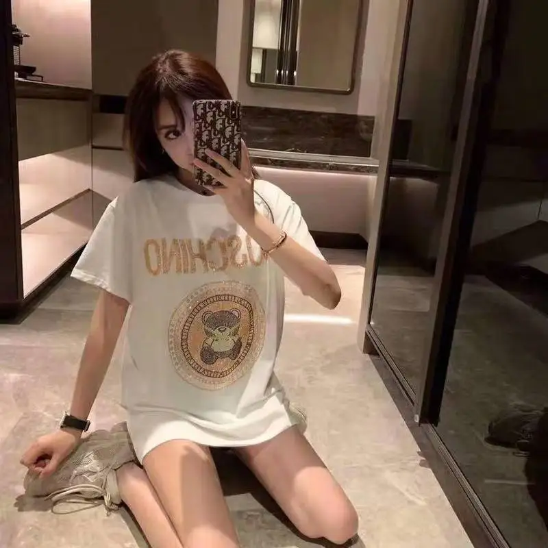 

2020 Summer Moschino T-Shirts Crystal Bear Pattern Shirts Cute O-Neck Casual Cotton Shirts With Brand Label