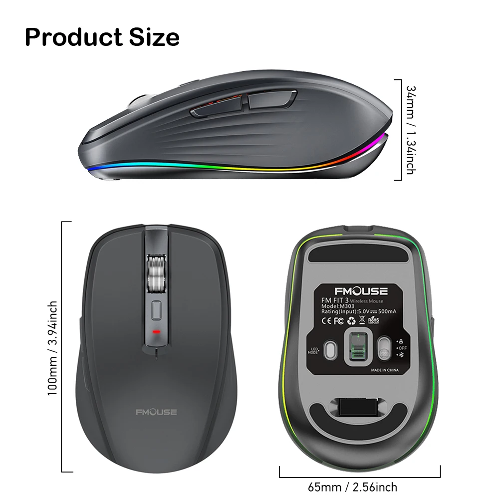 Original FMOUSE M303 Wireless Mouse Type-C Bluetooth&amp2.4G Dual Mode Rechargeable RGB USB Receiver 4 DPI Adjustable Volume | Компьютеры