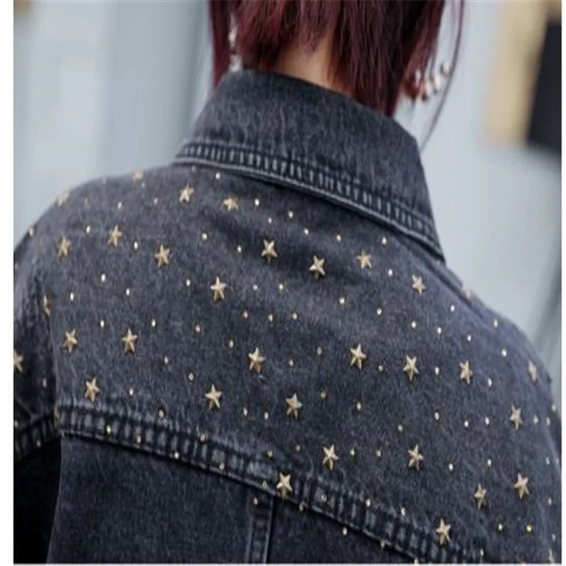 

Streetwear Rivet Women Denim Jacket Spring 2020 Short Jeans Coat Female Long Sleeve Turn-Down Collar Casual Cowboy Jacket H419