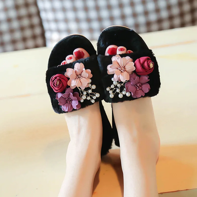 Winter Flower indoor home plush slippers women pearls applique flip flops pantuflas cozy soft velvet shoes warm fur slides mules | Обувь