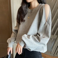2021 spring autumn design sense long sleeved off shoulder sweater womens casual pullover jacket pure color zipper womens top