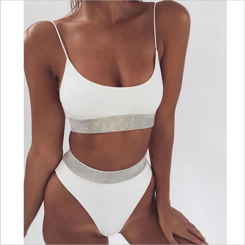 

Summer Ladies Sequins Solid Color Bandage Bikinis Swimming Suit Sexy High Waist Halter Bikini Set Retro Swimsuit