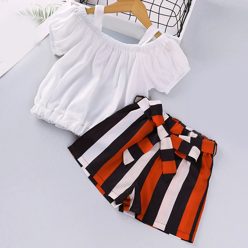 

2022 Summer Top+Striped Shorts 2Pcs Kid Clothes Girl Set Children Clothes Baby Girl Clothes For 2-6 Years