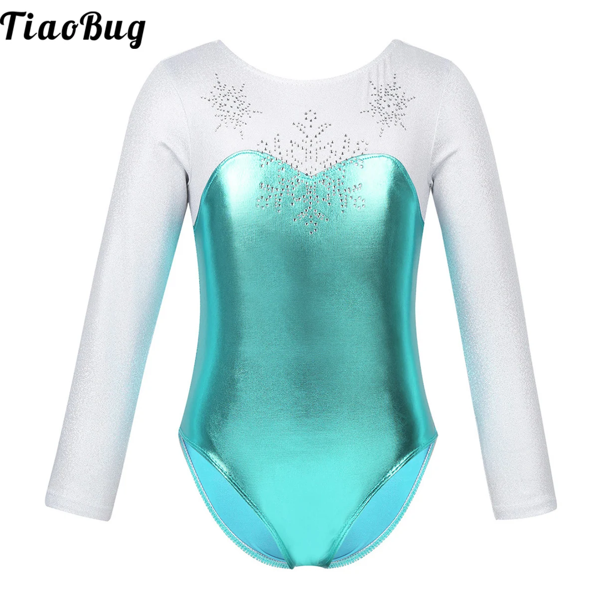 

TiaoBug Kids Girls Long Sleeves Shiny Rhinestone Snowflake Metallic Bodice Ballet Dance Gymnastics Leotard Jumpsuit