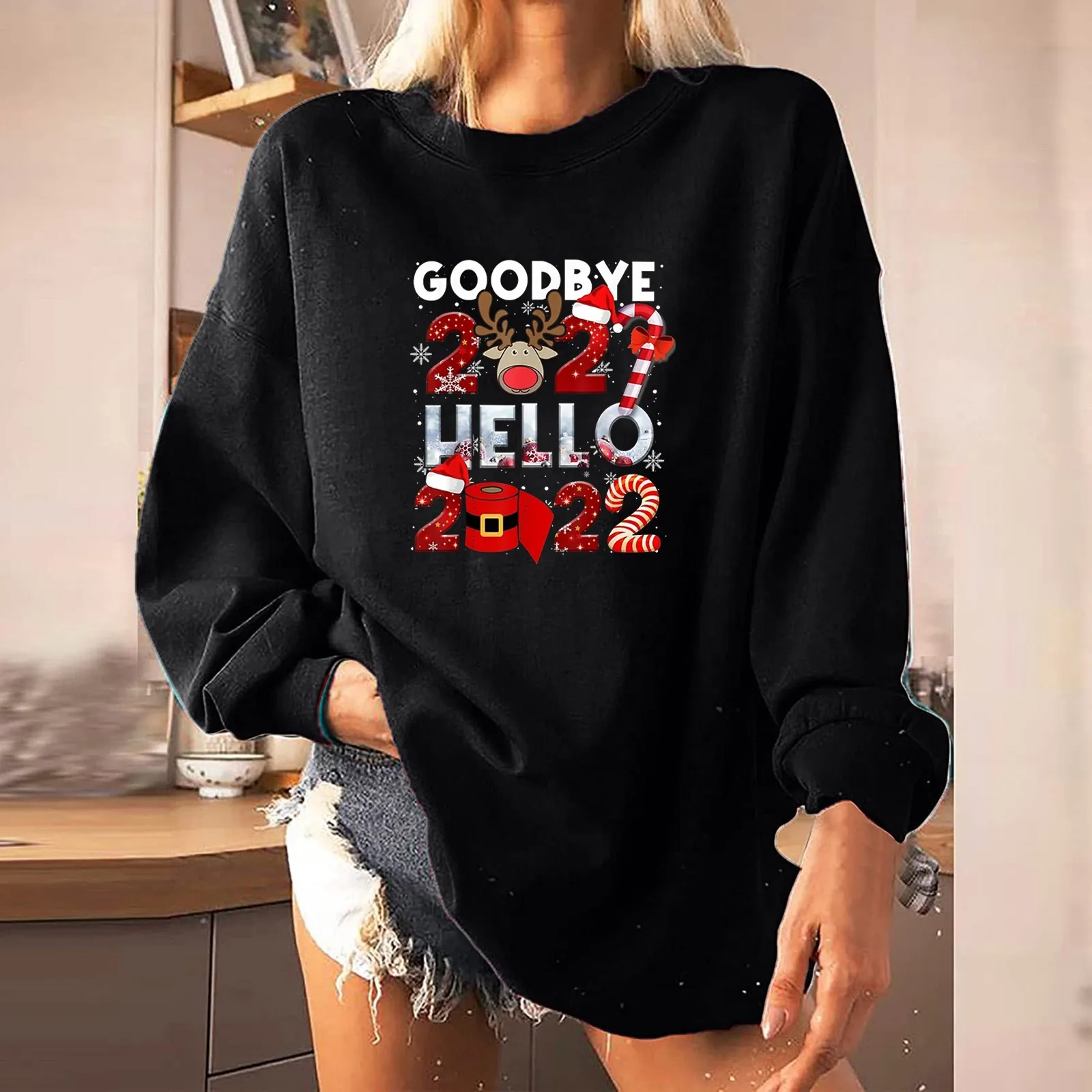 

Женский пуловер с круглым вырезом, длинным рукавом и принтом