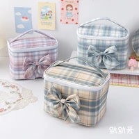 jk plaid cosmetic bag women large capacity portable travel wash beauty bag storage case removable bowknot cute makeup bags wy384