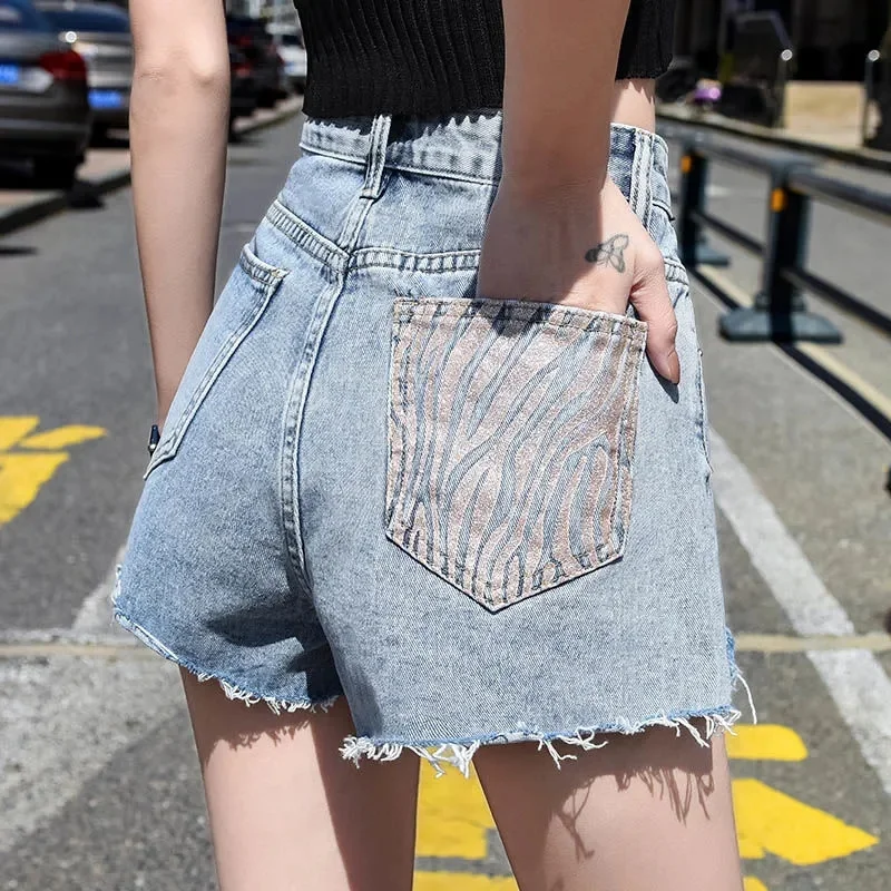 

Bronzing Printe Hole Jeans Shorts Female High Waist Loose 2021 New Summer Wide Leg Denim Shorts Student Hot Pants Light Blue 417