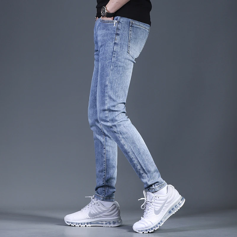 Summer Casual Pure Blue Jeans Men Korean Style Slim Fit Pencil Pants Streetwear Denim Trousers