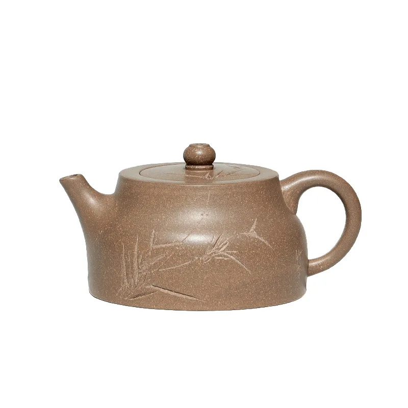 

Yixing purple clay pot, raw mineral, green plaster, hand carved bamboo leaf pillar base pot, household Kung Fu teapot